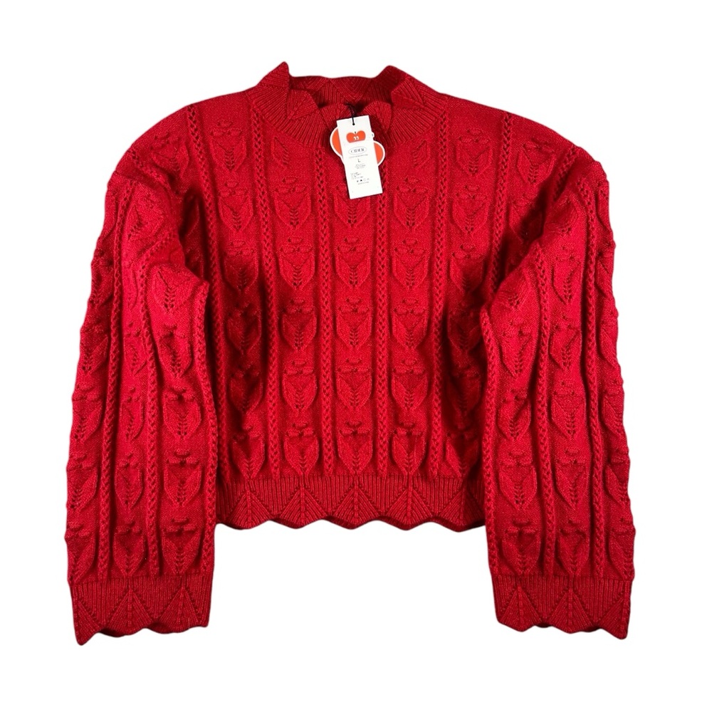 Cider NWT Women's Red Textured Knit High Neck Cropped Long Sleeve Sweater Sz L‎